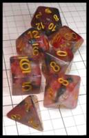 Dice : Dice - Dice Sets - MDG Return of the Unicons Clear with Red and Brown Glitter Swirl and Gold Numerals - JA Collection Mar 2024